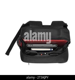 new design big capacity laptop backpack bag isolated on white background with clipping path. travel college school backpack. open view. Stock Photo