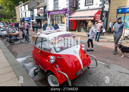 Isetta red and white bubble car or microcar parked in Clitheroe Lancashire,England,UK September 2023 Stock Photo