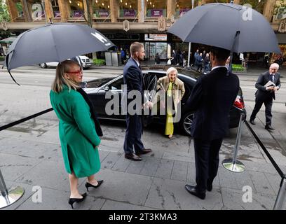 Melbourne, Australia. 26th Oct, 2023. Princess Astrid of Belgium is welcomed by Sally Capp (L), Lord Mayor of Melbourne and Nicolas Keutgen, Chief Innovation Officer Schréder priro to a seminar about safer, connected and resilient smart cities in the Town Hall of Melbourne, during the Belgian Economic Mission to the Commonwealth of Australia, in Melbourne, Thursday 26 October 2023. A Belgian delegation is on a 10-day Economic Mission to Australia from 19 to 28 October 2023. BELGA PHOTO BENOIT DOPPAGNE Credit: Belga News Agency/Alamy Live News Stock Photo