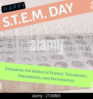 Composite of happy stem day text with empty test tubes in rack Stock Photo