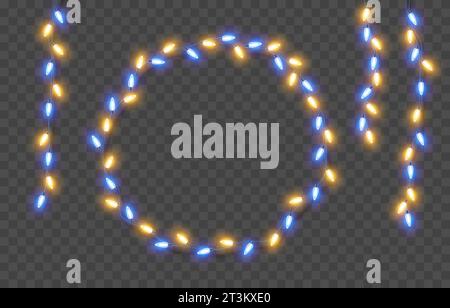 Electric garlands with yellow and blue light bulbs. Christmas  decorations with glowing lights isolated on transparent background Stock Vector
