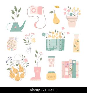 Summer object clipart with jar, flowers compositions, harvest, books, plants. Cozy simple vecor illustration set. Stock Vector