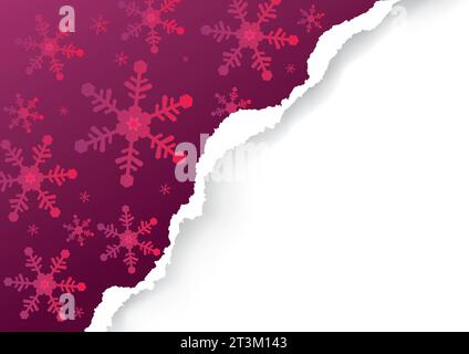Christmas ripped paper, red background.  Illustration of violet purple paper background with snowflakes and place for your text or image. Stock Vector