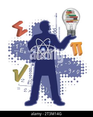 Teacher of Maths and Physics. Mathematics and physics teacher stylized silhouette with mathematics and physics symbols and light bulb with books. Stock Vector