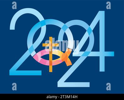 Jesus fish symbol, new year. 2024 new year with fish symbol with cross on blue background. Vector available. Stock Vector
