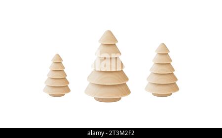 Wooden Christmas Trees in Vintage Style Isolated on White Background. Greeting card. Stock Photo