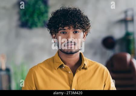 Photo of handsome nice man dressed stylish clothes working as programmer coder modern room indoors Stock Photo