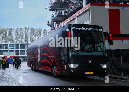 ROTTERDAM, NETHERLANDS - OCTOBER 25: players bus Feyenoord arrives at the stadium during the Group E - UEFA Champions League 2023/24 match of SC Feyen Stock Photo