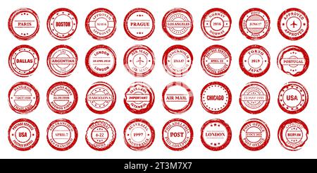 Post stamps, labels and badges. Grunge imprints and postmarks. Red vintage circle postcard watermarks. Used envelope design elements. Vector Stock Vector