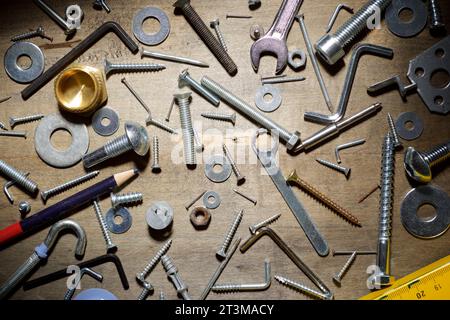 Different accessories for homework on a wooden table Stock Photo