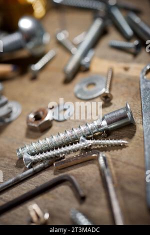 Different accessories for homework on a wooden table Stock Photo
