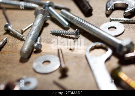 Different accessories for homework on a wooden table Stock Photo