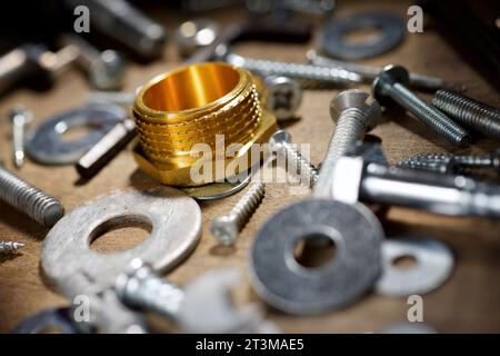 Different accessories for homework on a wooden table Stock Photo