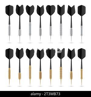 Black dart arrows with metal tip and shadow. Dart throwing sport game, dartboard equipment. Vector illustration Stock Vector