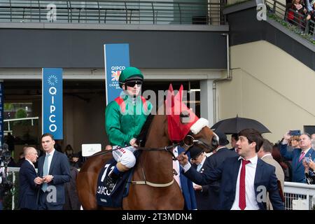 Ascot, Berkshire, UK. 21st October 2023. Horse Tahiyra ridden by jockey Chris Hayes heads out onto the racetrack before the Queen Elizabeth II Stakes at the QIPCO British Champions Day at Ascot Racecourse. Owner HH Aga Khan. Trainer D K Weld, Ireland. Breeder His Highness The Aga Khan's Studs SC. Credit: Maureen McLean/Alamy Stock Photo