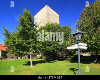 Castle keep in Wanzleben with signpost pointing to corn house, reception, stables, restaurant, red hall, dairy farm. Stock Photo