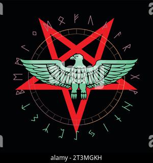 T-shirt design of an eagle, an inverted five-pointed star surrounded by a runic alphabet. Good illustration for satanic themes. Stock Vector