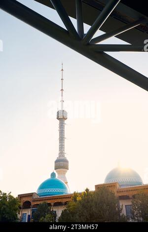 The Tashkent Television TV Tower Toshkent Teleminorasi under bridge in the park at sunset in Uzbekistan Stock Photo