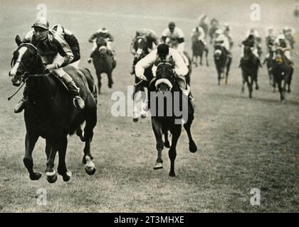 Horse Never Say Die wins in front of Arabian Night and Darius at Epsom Derby horse raceing, France 1954 Stock Photo