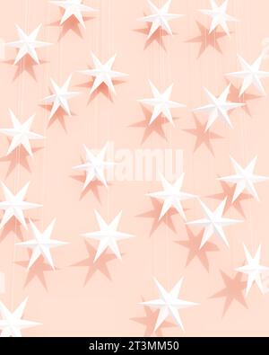 Stars modern Christmas background holiday decorated white pink peach rose pink ornaments 3d illustration render digital rendering Stock Photo