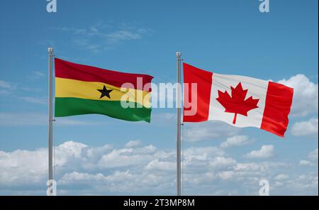 Canada and Ghana flags waving together in the wind on blue cloudy sky, two country relationship concept Stock Photo