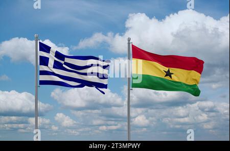 Ghana and Greece flags waving together on blue cloudy sky, two country relationship concept Stock Photo