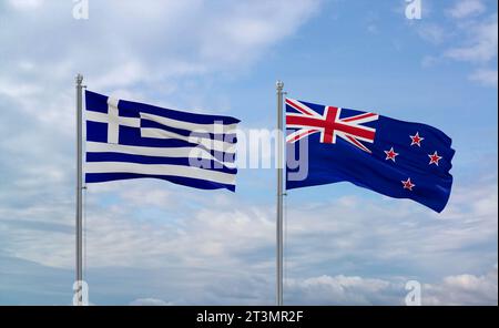 New Zealand and Greece flags waving together in the wind on blue cloudy sky, two country relationship concept Stock Photo