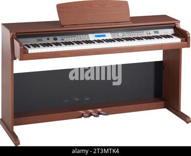 Digital piano in brown wood isolated on white background Stock Photo