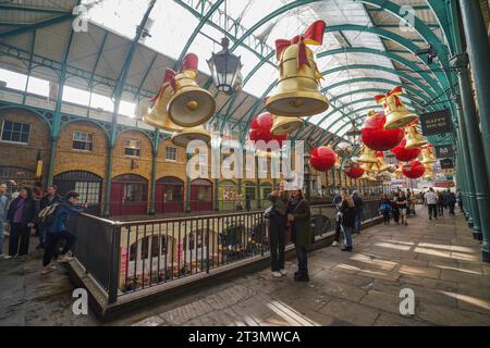 London , UK 26 October 2023.  The recently installed Christmas decorations in Covent Garden with the Christmas lights to be officially switched  on 7 November. Credit amer ghazzal/Alamy Live News Stock Photo