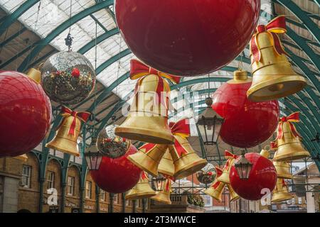 London , UK 26 October 2023.  The recently installed Christmas decorations in Covent Garden with the Christmas lights to be officially switched  on 7 November. Credit amer ghazzal/Alamy Live News Stock Photo