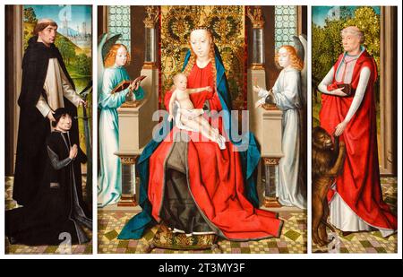 Triptych of Madonna and Child with Angels, Donor and His Patron, Saint Peter Martyr and Saint Jerome and His Lion, painting in oil on panel by Master of the Legend of Saint Lucy, before 1483 Stock Photo