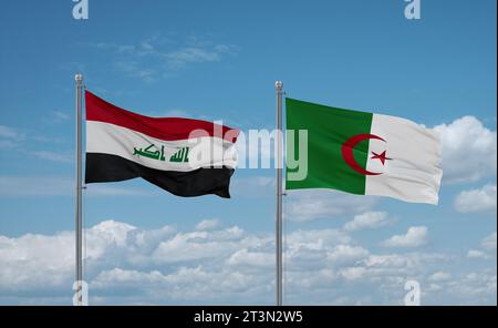 Iraq and Algeria flags waving together in the wind on blue cloudy sky Stock Photo