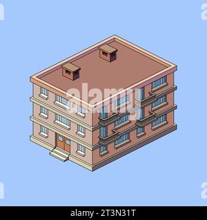 Isometric building with road and trees, vector illustration. Stock Vector