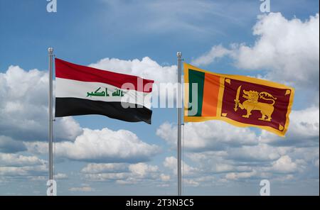 Sri Lanka and Iraq flags waving together in the wind on blue cloudy sky, two country relationship concept Stock Photo