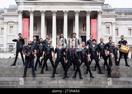 London, UK.  26 October 2023.  The all-male dance troupe called Malevo at a photocall in Trafalgar Square.  They combine traditional Argentinian dance (Malambo) with elements of flamenco and drumming, including the use of boleadoras (a leather and stone hunting tool used by Gauchos), pounding movements, energetic stomping (zapateados) and lightning footwork (cepillados).  Malevo will be performing at the Peacock Theatre 31 October to 4 November.   Credit: Stephen Chung / EMPICS / Alamy Live News Stock Photo