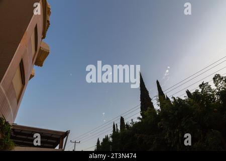 Tel Aviv, Israel - October 24, 2023 - Smoke clouds of intercepted Hamas missiles by the iron dome in Tel Aviv, during the ongoing war between Hamas an Stock Photo