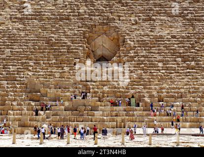 Pyramids in Giza, Egypt: Front view of Great pyramid also known as Khufu / Cheops showing the entrance to go inside the pyramid Stock Photo
