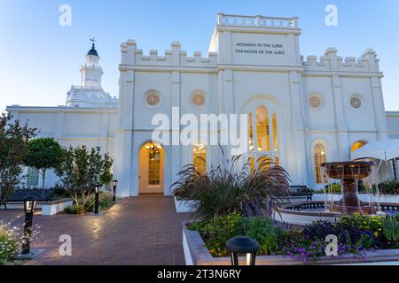 The north annex of the St. George Utah Temple of The Church of Jesus Christ of Latter-day Saints in St. George, Utah.  It was the first temple complet Stock Photo