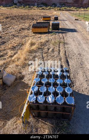 A battery of launchers for 4' pyrotechnic shells being prepared for a fireworks show in a field in Utah. Stock Photo