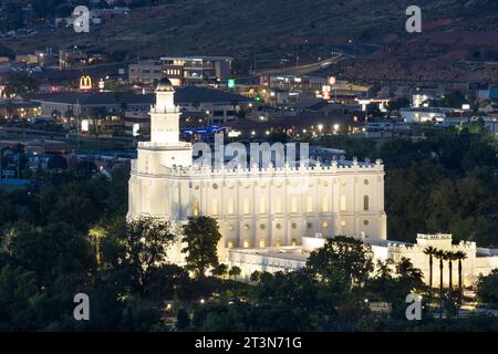 Night view of the St. George Utah Temple of The Church of Jesus Christ of Latter-day Saints in St. George, Utah.  It was the first temple completed in Stock Photo