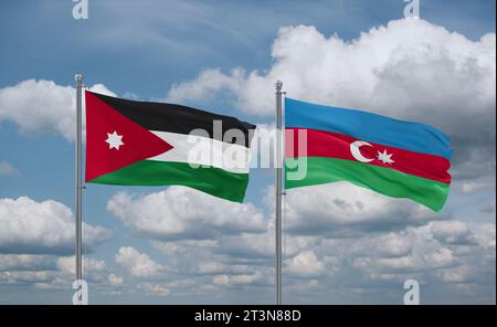 Azerbaijan and Jordan flags waving together in the wind on blue cloudy sky, two country relationship concept Stock Photo