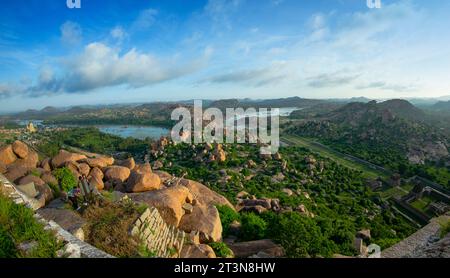 View of Matanga Hill during the sunrise in the morning in the Unesco World Heritage town in Hampi, Karnataka, India Stock Photo