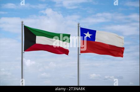 Kuwait and Chile flags waving together in the wind on blue cloudy sky ...