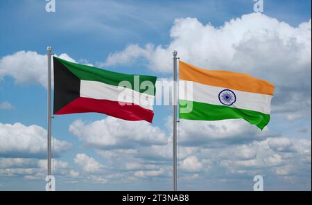 Kuwait and India flags waving together in the wind on blue cloudy sky ...