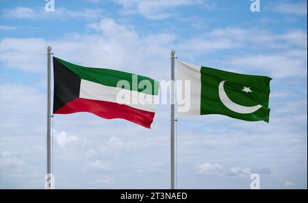 Kuwait and Pakistan flags waving together in the wind on blue cloudy ...