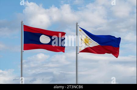 Laos flag and Philippines flag waving together on blue sky, two country ...