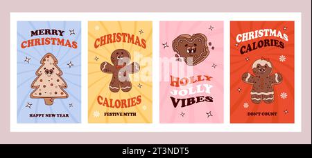 Trendy Christmas groovy posters. Retro cartoon characters gingerbread. Christmas calories dont count. Vibes 70s. Merry Christmas and Happy New year. G Stock Vector