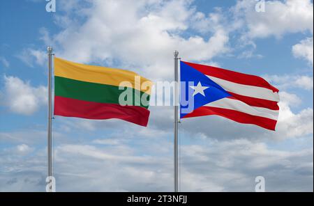 Puerto Rico and Lithuania flags waving together in the wind on blue cloudy sky, two country relationship concept Stock Photo