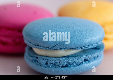 different colors macaroons and various chocolates on a white background in close-up Stock Photo