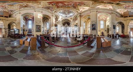 360 degree panoramic view of full spherical seamless hdri 360 panorama inside of catholic church, architectural monument of mannerism and baroque with arches and frescoes in equir